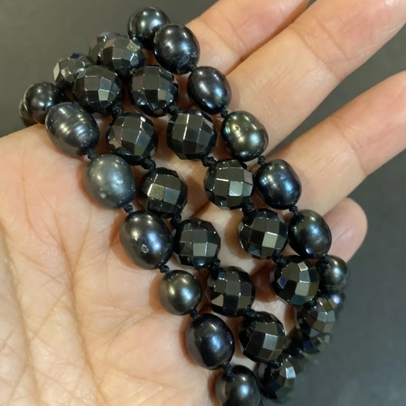 Anthology 925 Sterling Silver Clasp Faceted Hematite Pearl Beaded Long Necklace - Picture 3 of 11